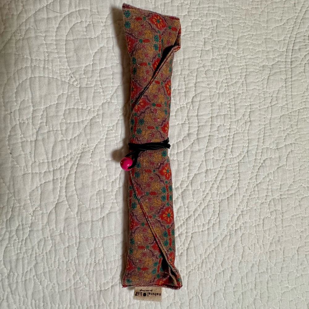 Natural Life Colorful Patterned Fabric Pouch with wood utensils. New w/o tags.
